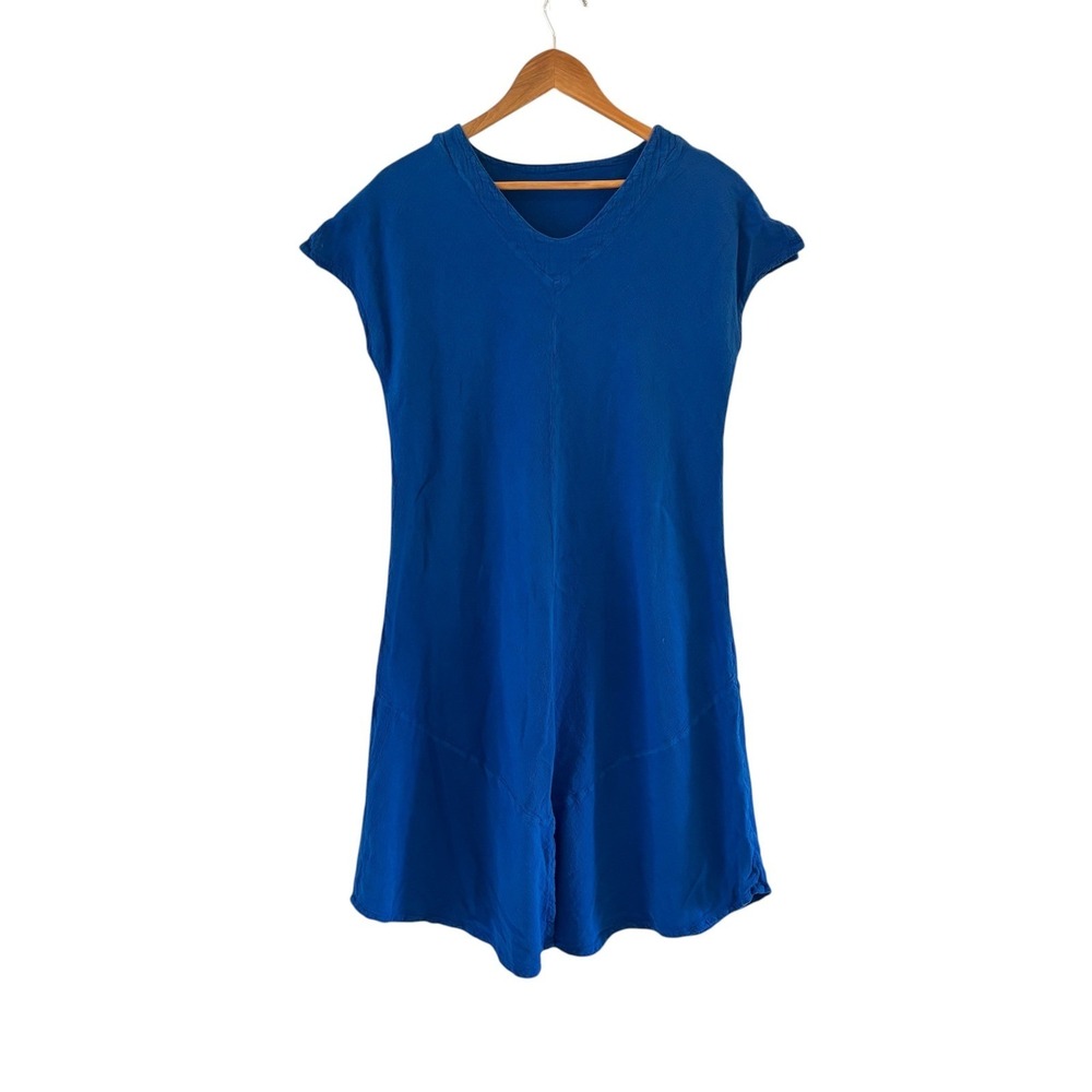 Oh My Gauze Shift Dress Womens Size 1 Blue V-Neck Cotton Cap Sleeve Lagenlook